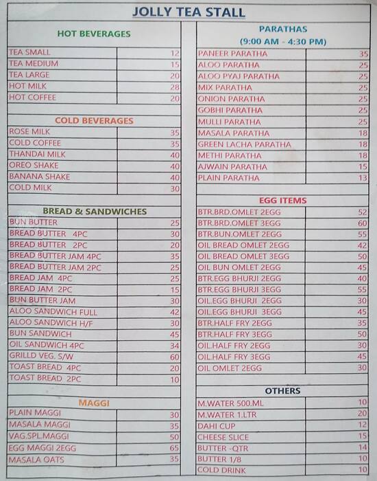 Menu at Jolly Tea Stall, New Delhi