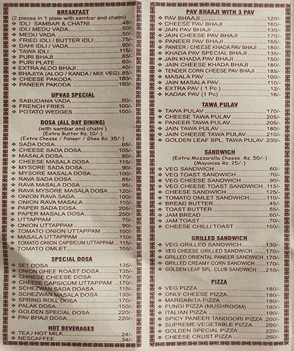 Menu of Golden Leaf Restaurant, Kandivali West, Mumbai