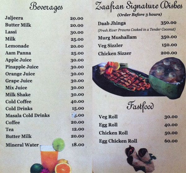 Menu at Saffron Plaza, Bhubaneswar