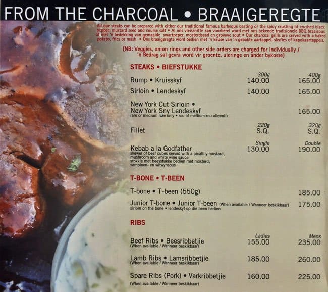 Menu at The Godfather steakhouse, Centurion