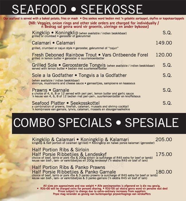 Menu at The Godfather steakhouse, Centurion