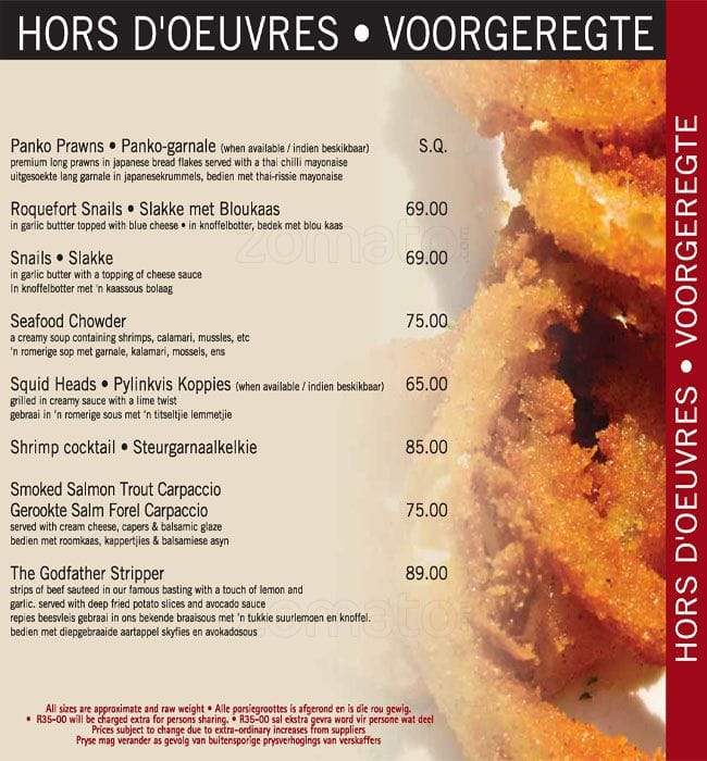 Menu at The Godfather steakhouse, Centurion