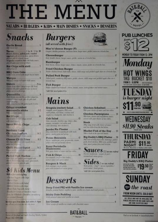 Carta de Parkside Bar at The Bat & Ball, Sydney