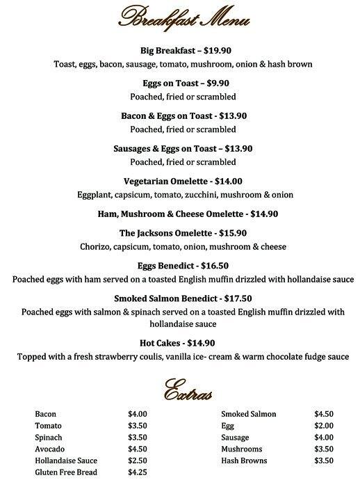 Jacksons on K Menu, Menu for Jacksons on K, Werribee, Melbourne