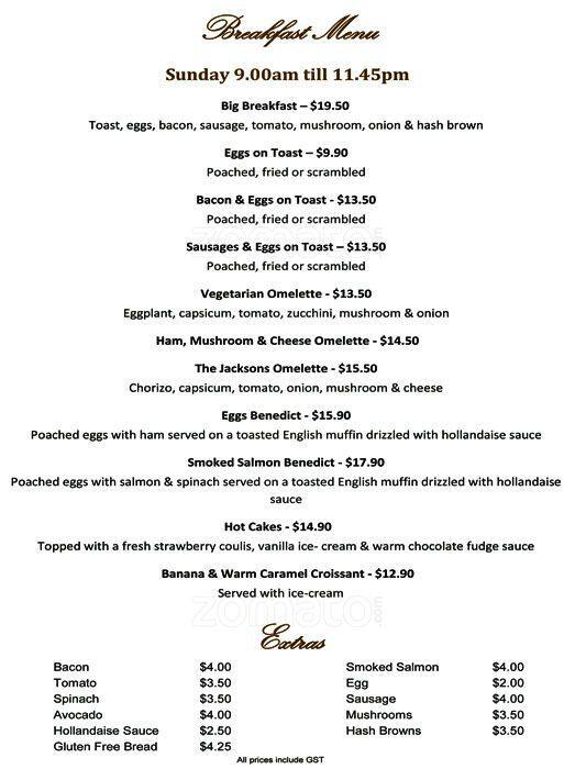 Jacksons on K Menu, Menu for Jacksons on K, Werribee, Melbourne