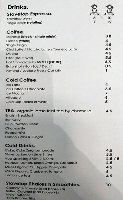 Menu at Stovetop cafe, Carlton, 108 Leicester St