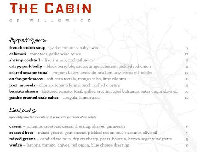 The Cabin Of Willowick Menu Menu For The Cabin Of Willowick