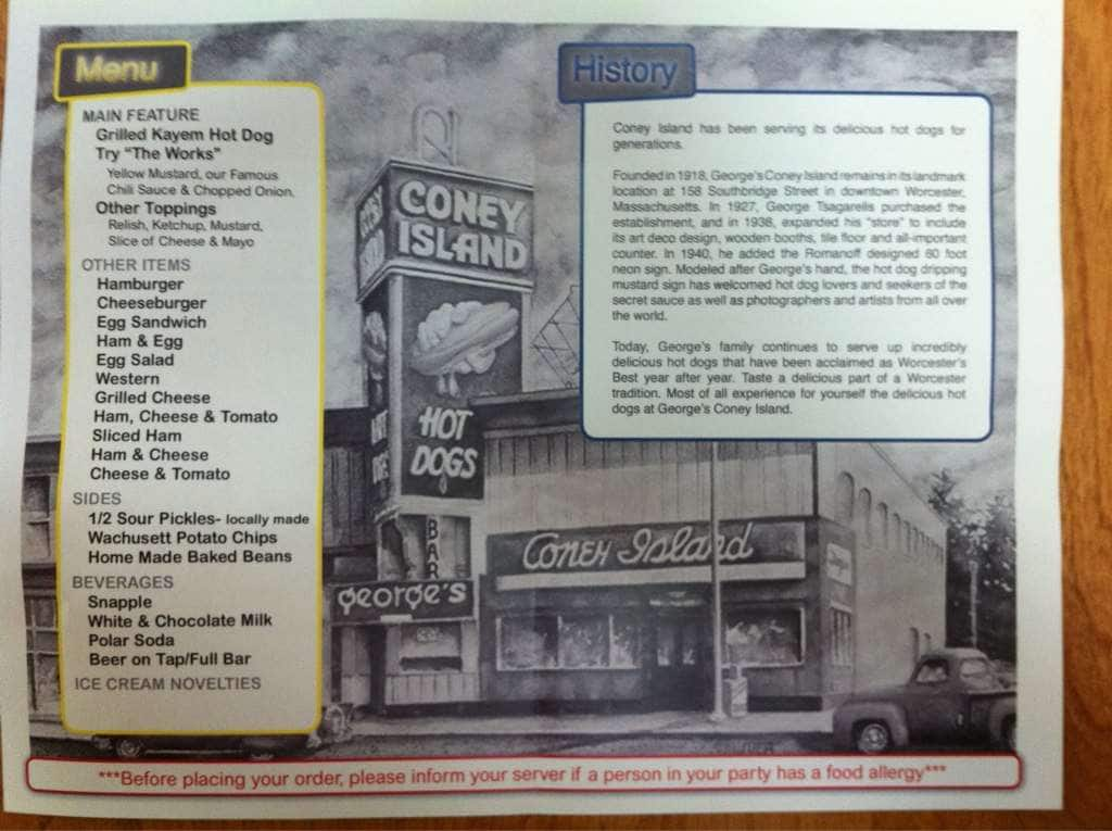 Menu at George's Coney Island restaurant, Worcester