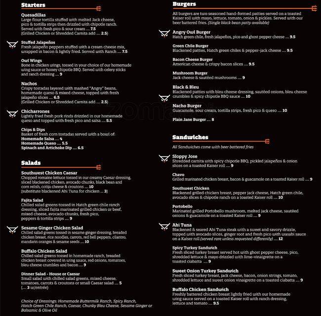 Menu at Angry Owl Southwest Grill & Cantina restaurant, El Paso, N Mesa St