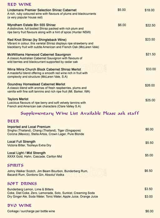 Menu at Mariam's Thai Restaurant, Belgian Gardens