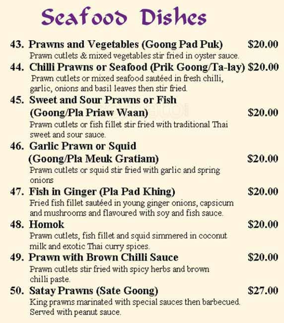 Menu at Mariam's Thai Restaurant, Belgian Gardens