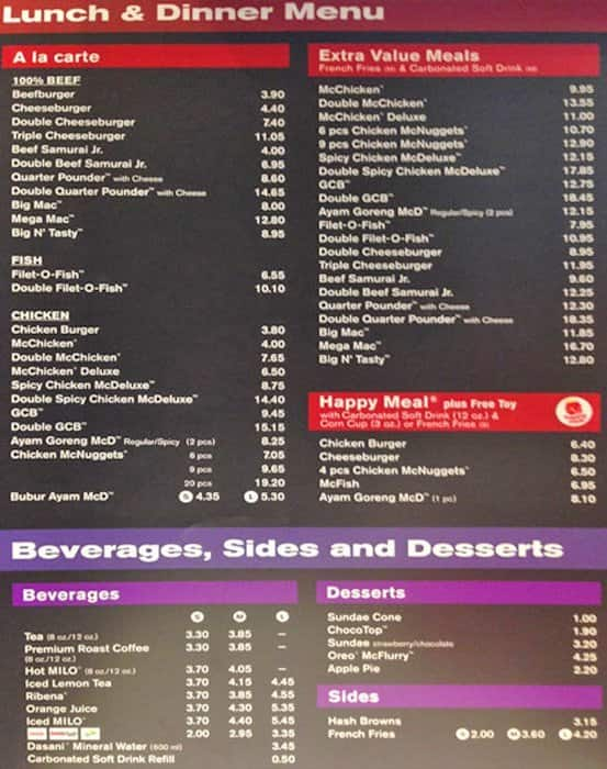 Mcdonald menu prices malaysia