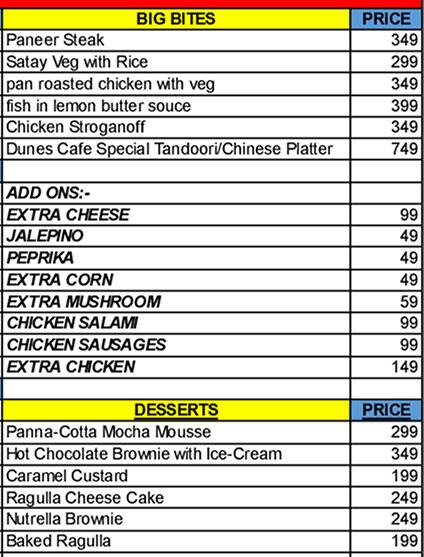 Dunes Café menu