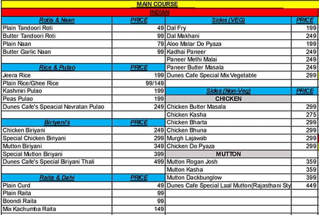 Dunes Café menu