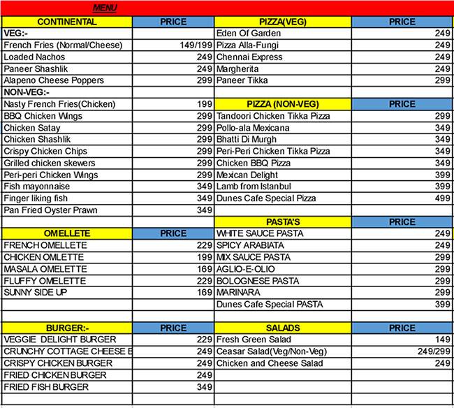 Dunes Café menu