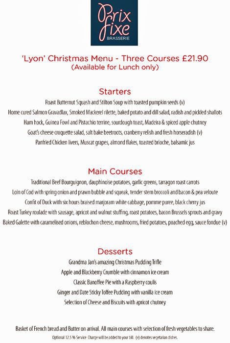 Menu at Prix Fixe restaurant, London