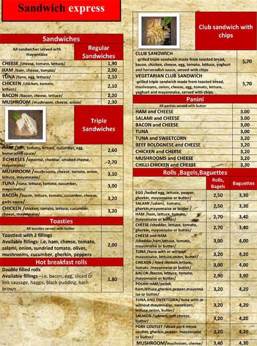 Sandwich Express Menu Menu For Sandwich Express Leith Edinburgh