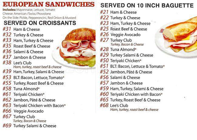 Menu at Lee's Sandwiches cafe, Garland