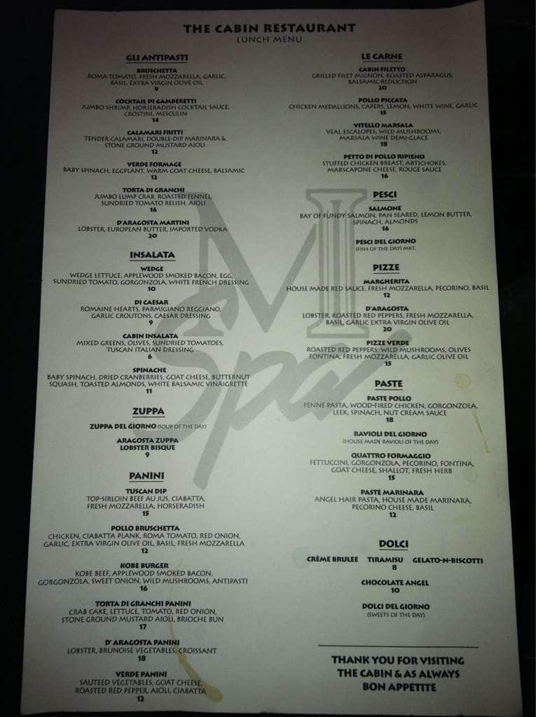 Menu at The Cabin restaurant, Aurora