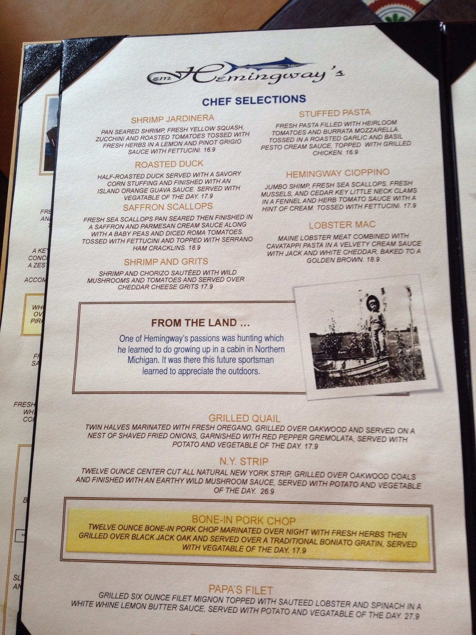 Menu at Hemingway's At Havana restaurant, The Villages