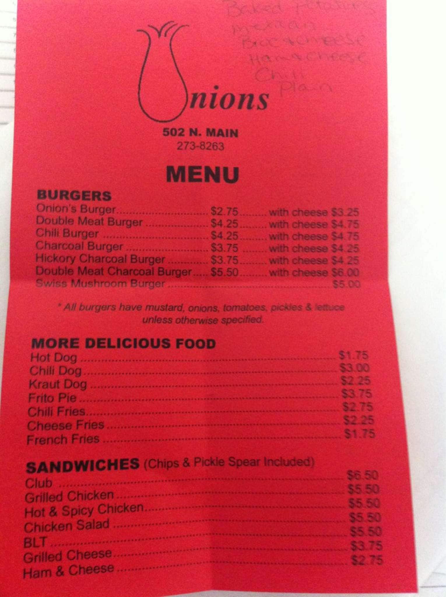 Menu at Onion's restaurant,