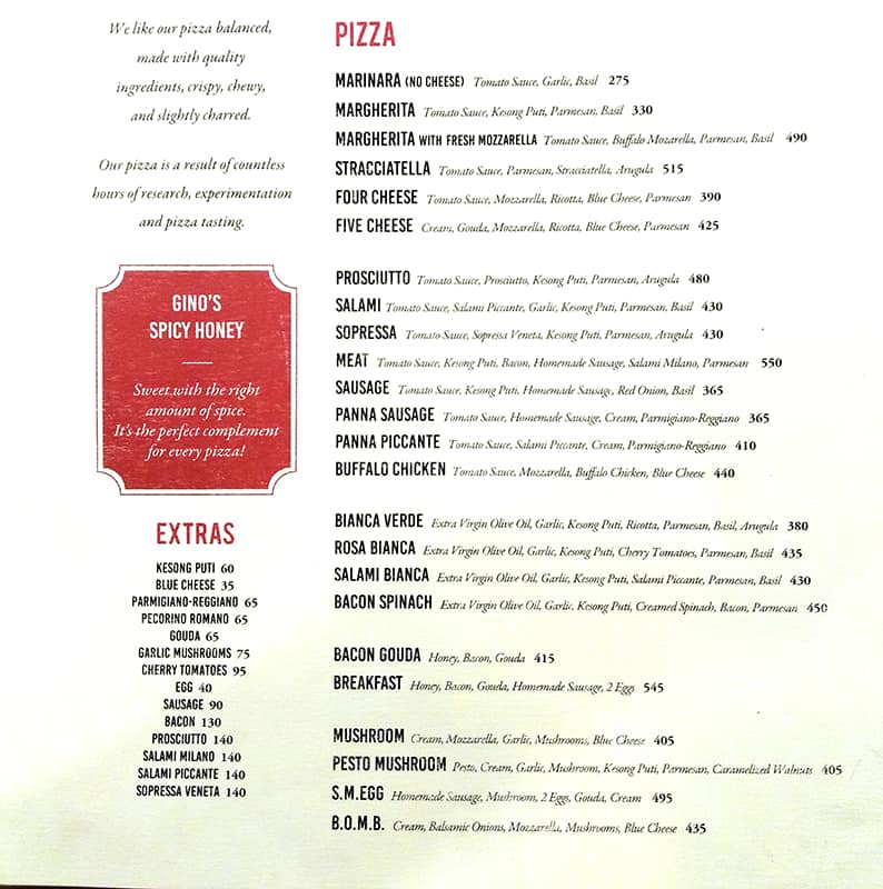 Menu at Gino's Brick Oven Pizza pizzeria, Makati, Salcedo Village
