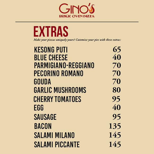 Menu at Gino's Brick Oven Pizza pizzeria, Makati, Salcedo Village