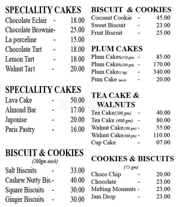 Tasty Bakes menu