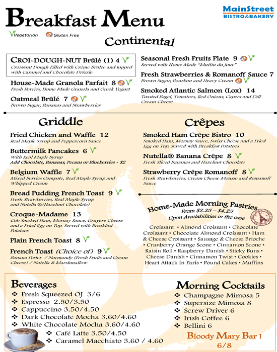 Main Street Bistro and Bakery Menu Urbanspoon/Zomato