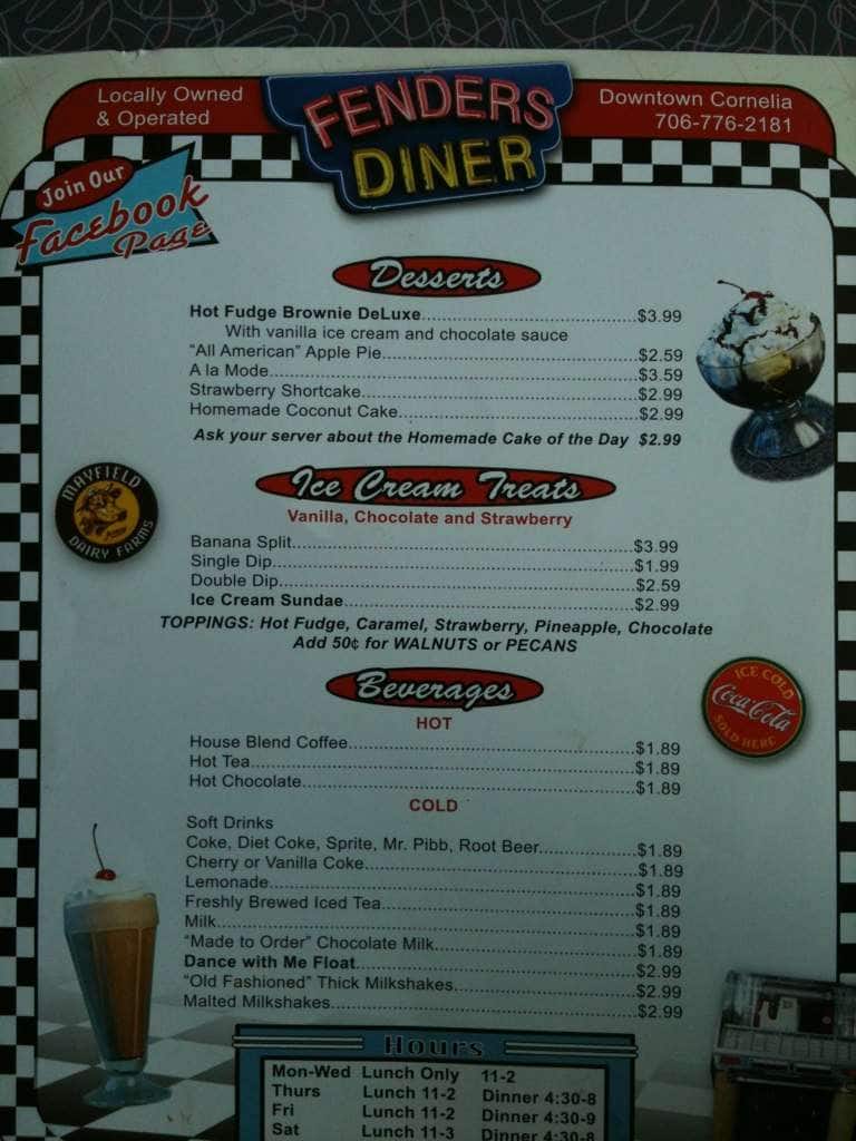 Menu at Fenders Diner restaurant, Cornelia