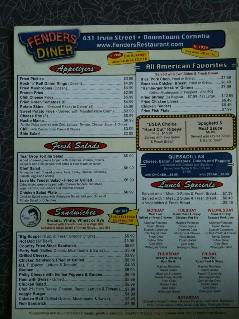 Menu at Fenders Diner restaurant, Cornelia
