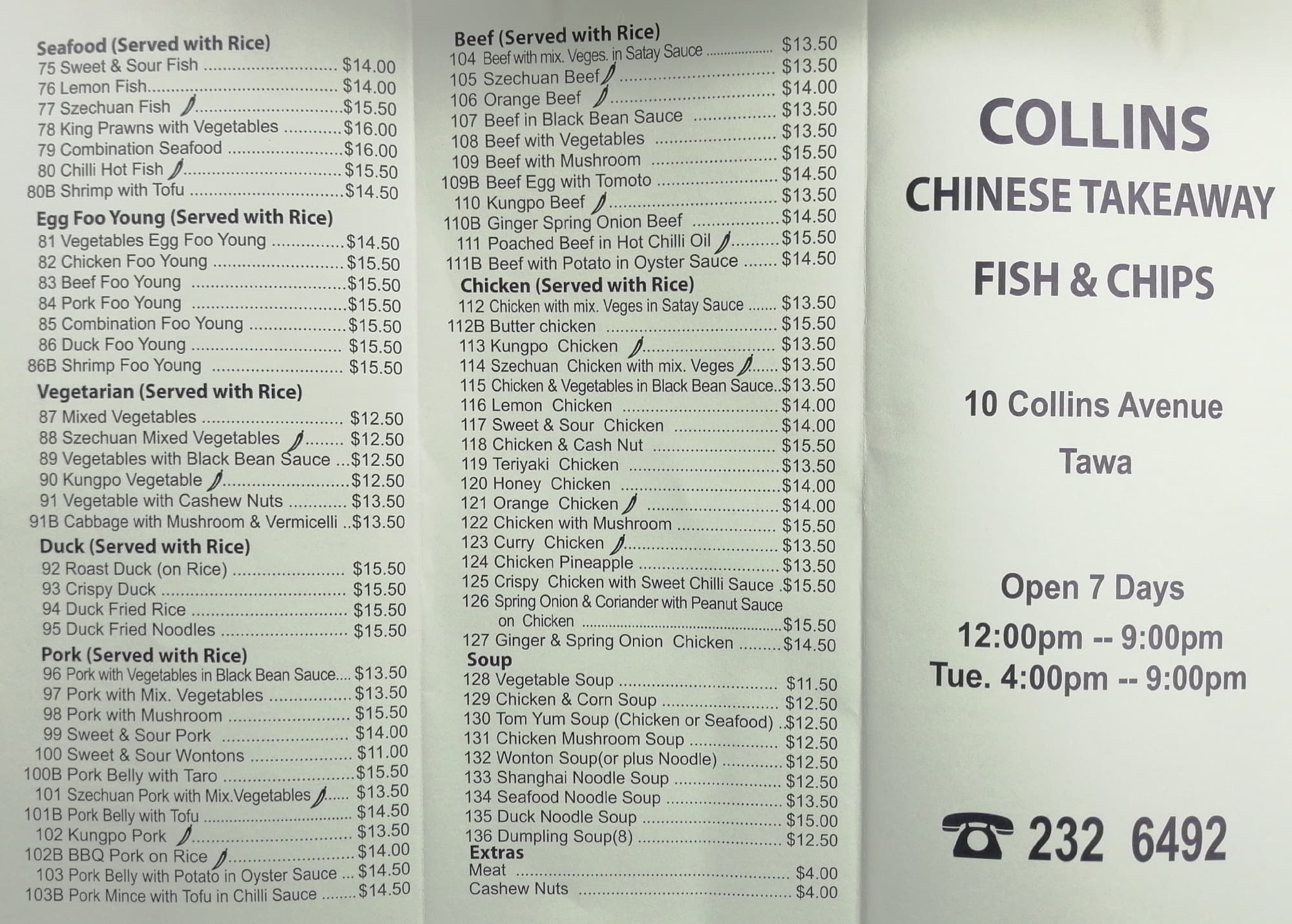 Menu at Collins Chinese Takeaway restaurant, Wellington