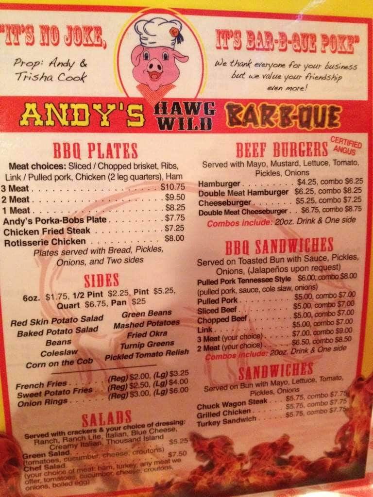 Andy's Hawg Wild Bar-B-Que Menu - Urbanspoon/Zomato