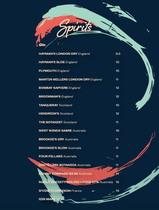 Menu at Soleil Pool Bar, Brisbane City