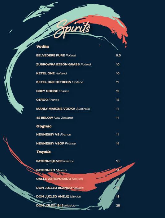 Menu at Soleil Pool Bar, Brisbane City