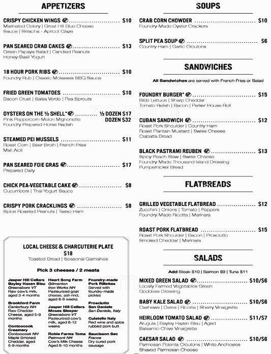 The Foundry Menu, Menu for The Foundry, Manchester, Manchester