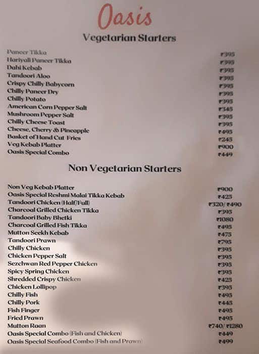 Menu of Oasis, Park Street Area, Kolkata