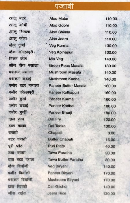 Hotel Nanda menu
