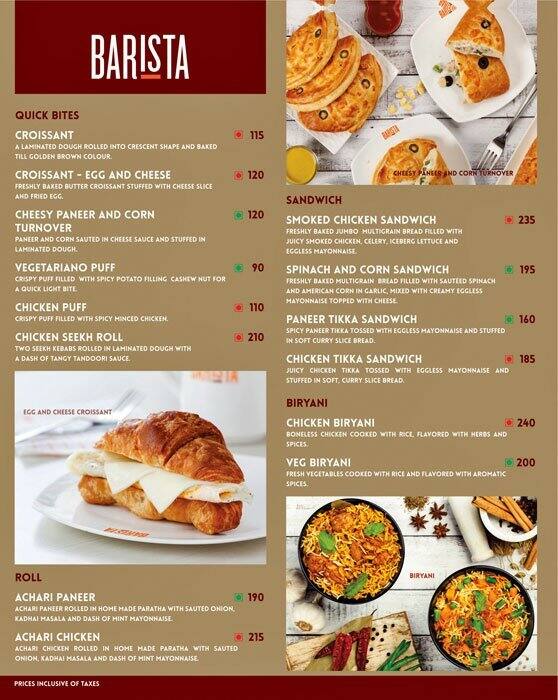 Barista Menu, Menu for Barista, South City 1, Gurgaon Zomato
