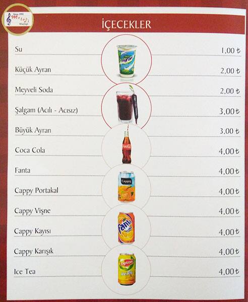 Menu at Melodi Mutfağı, Istanbul
