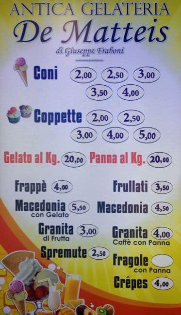 Menu di Antica Gelateria de Matteis 