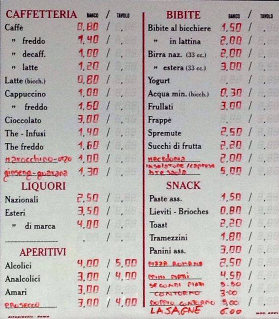 Menu di Bar Caffetteria Baratti Roma 