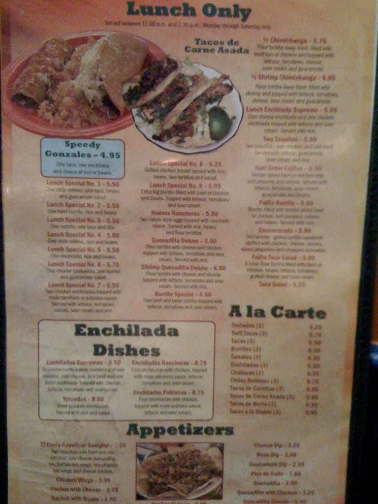 El Cerro Menu, Menu for El Cerro, Cary, Research Triangle - Urbanspoon ...