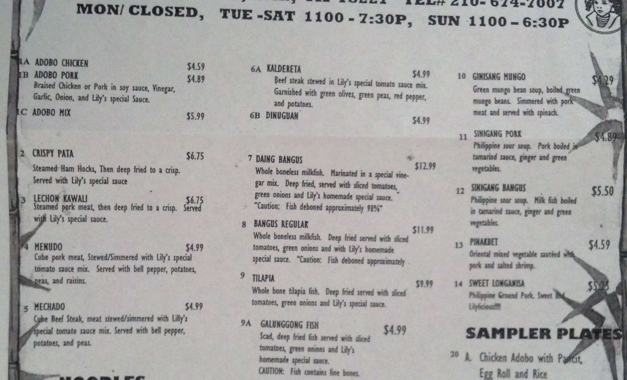 Menu at Lily's Philippine Restaurant, San Antonio