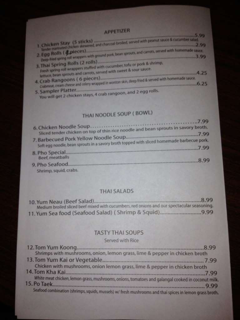 Thai Noodle menu, Menu restauracji Thai Noodle, Mattoon, Mattoon