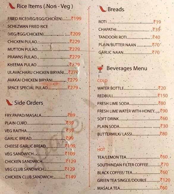 Menu at Space Coffee Lounge, Hyderabad, CCH9+V2C