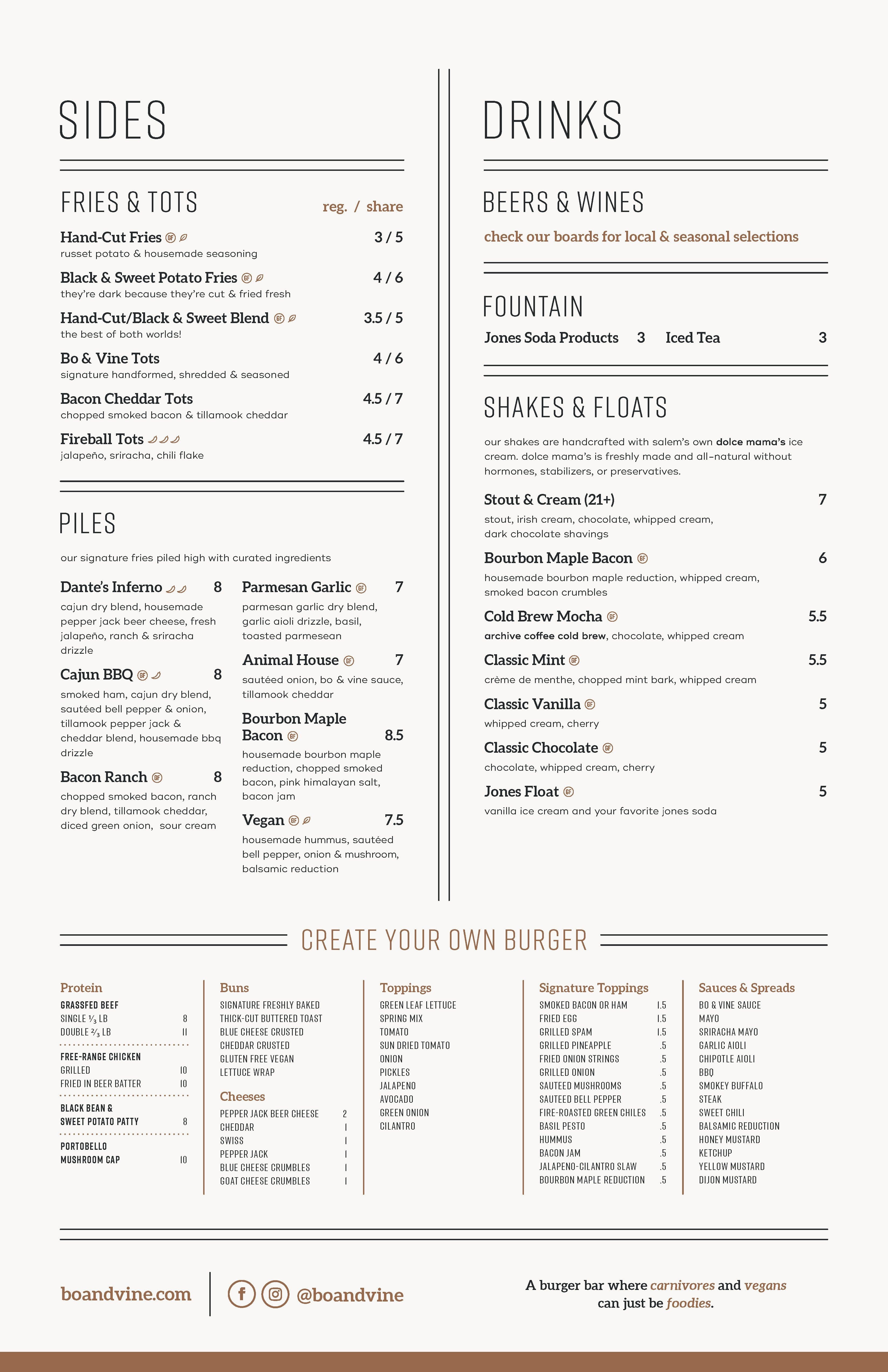 Menu at Bo & Vine Burger Bar, Salem