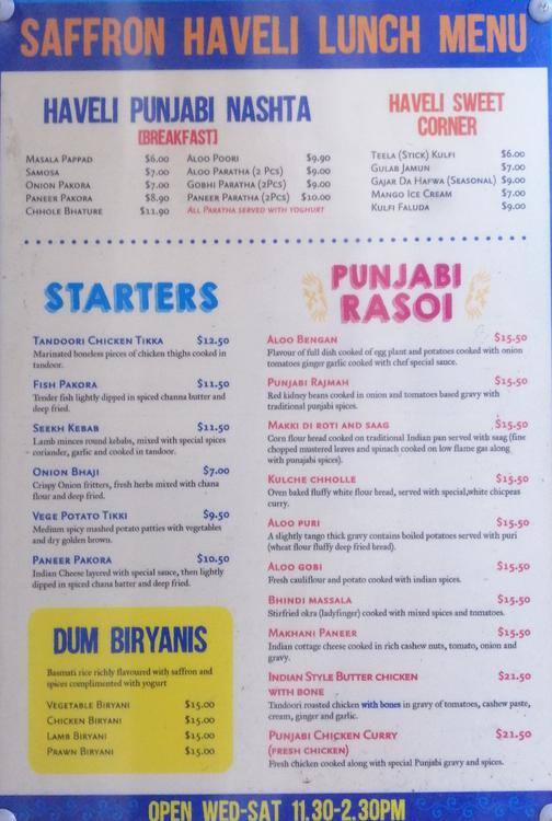 Saffron Haveli Menu, Menu for Saffron Haveli, Mt Victoria, Wellington