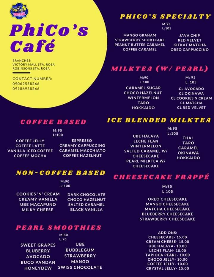 Carta de Phico's Cafe