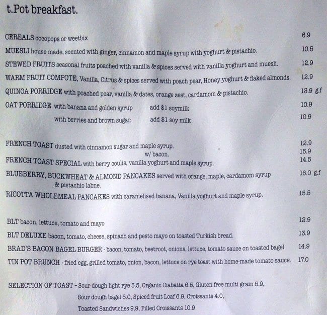 Tin Pot Cafe Menu, Menu for Tin Pot Cafe, Fitzroy North, Melbourne
